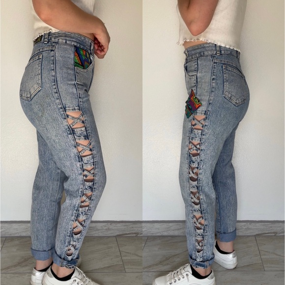 Watch LA | Vintage 80s 90s Curvy Acid-Washed Patchwork Cut-Out Skinny Jeans - Picture 4 of 17